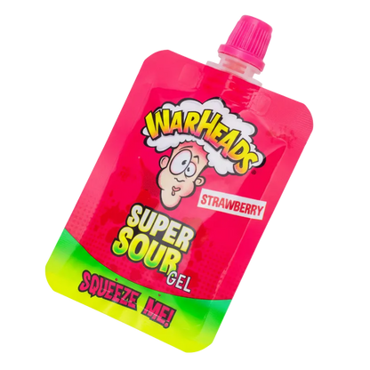Confezione singola di Warheads Super Sour Gel Fragola su sfondo chiaro, evidenziando i colori vivaci e il logo