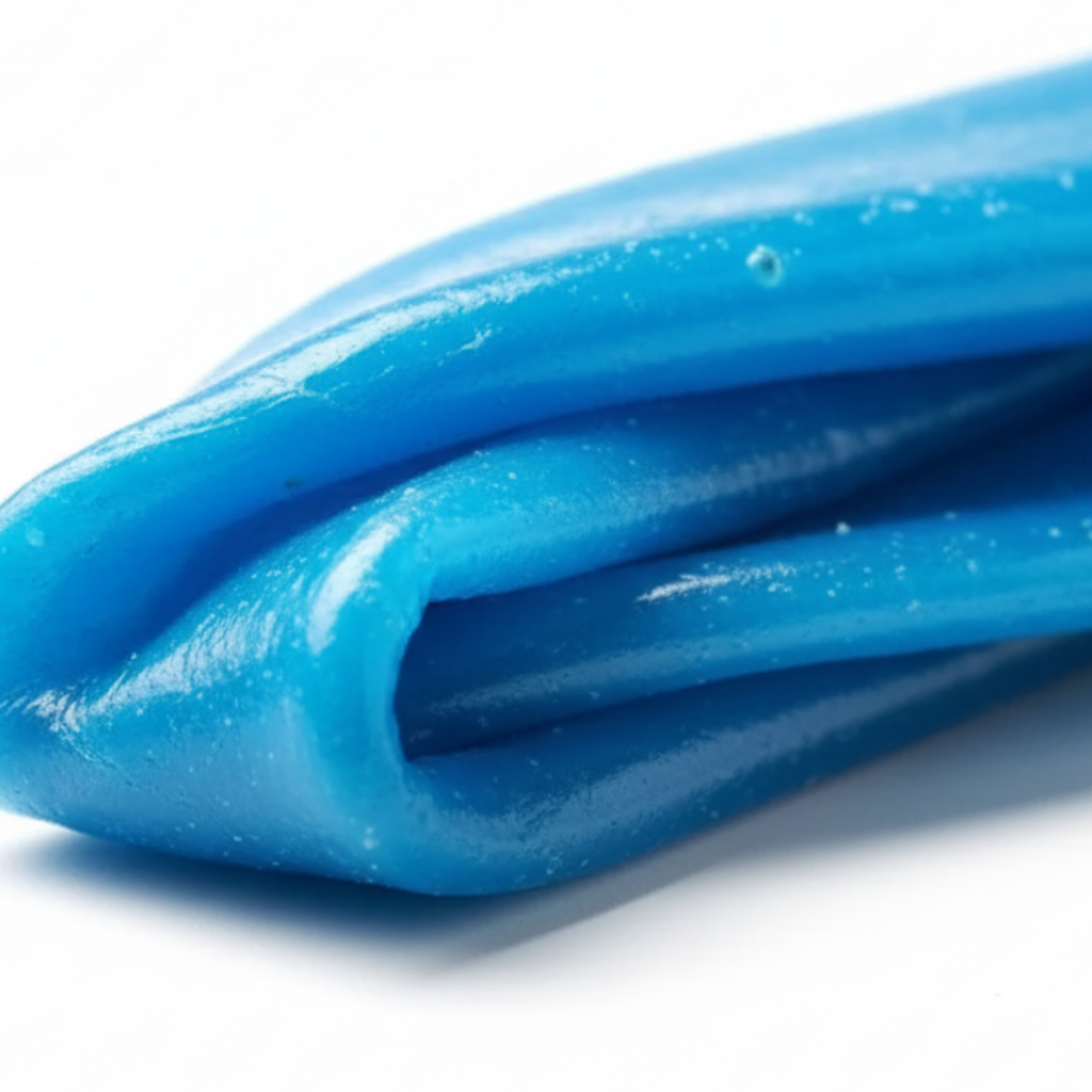 Dettaglio della caramella Airheads Blue Raspberry, mostrando la texture elastica, pieghevole e il colore blu acceso del lampone.