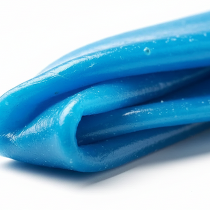 Dettaglio della caramella Airheads Blue Raspberry, mostrando la texture elastica, pieghevole e il colore blu acceso del lampone.