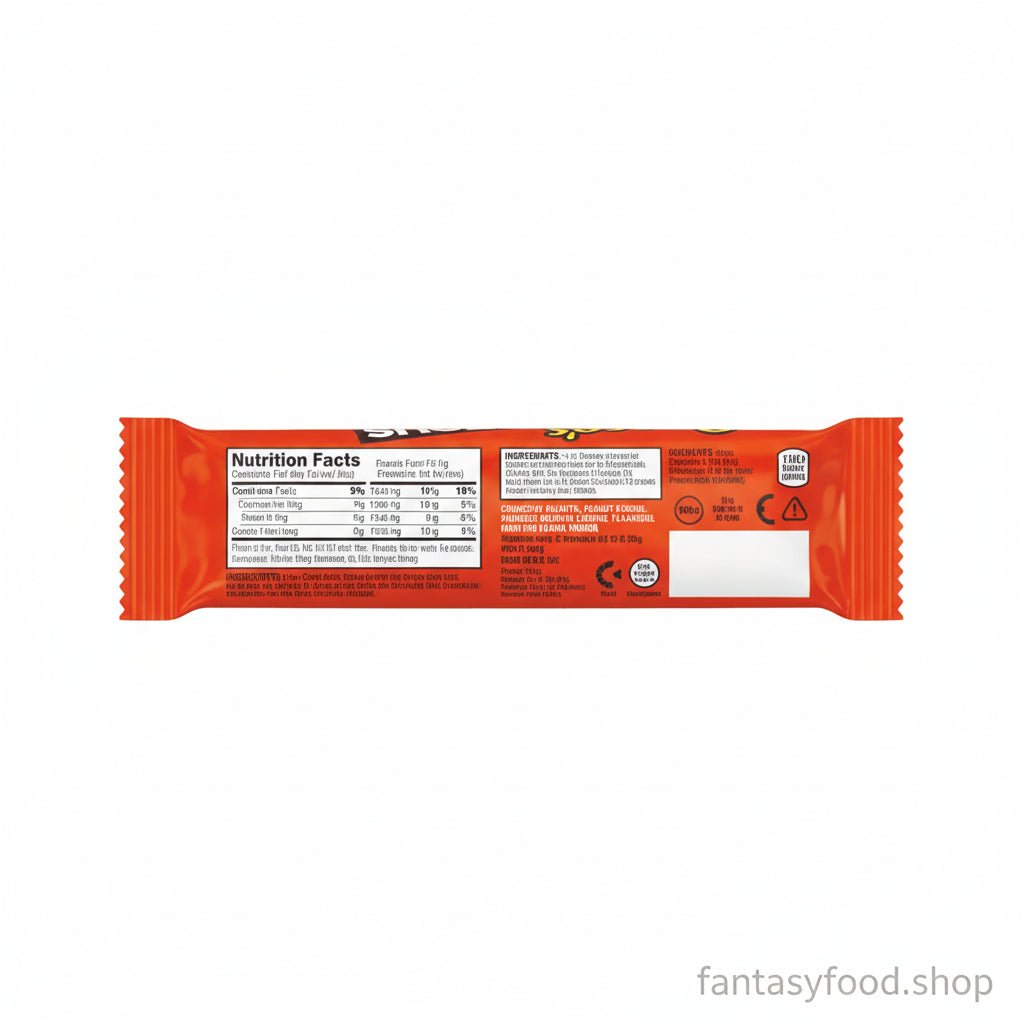 Foto nitida dell'etichetta posteriore della Reese's Nutrageous 47g con valori nutrizionali, ingredienti e avvertenze allergeni (arachidi, latte, soia).