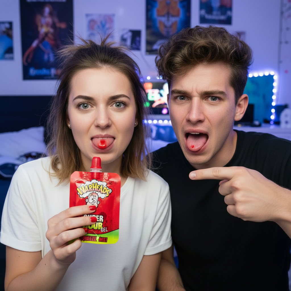 Ragazzo e ragazza che assaggiano Warheads Super Sour Gel davanti alla camera, espressioni scioccate, acidità massima, formato tubetto rosso ciliegia.