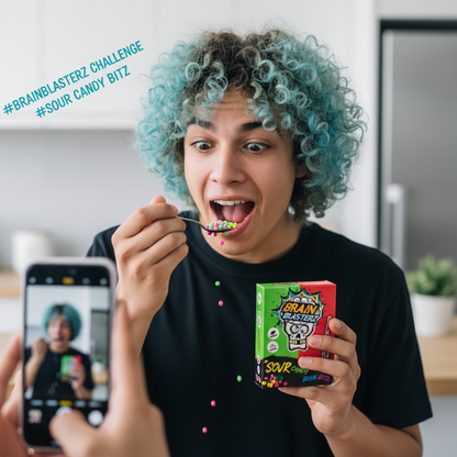 Giovane che assaggia le micro caramelle Brain Bitz Sour Candy, espressione sorpresa e divertita, enfatizzando la reazione all’acidità e il carattere virale del prodotto.