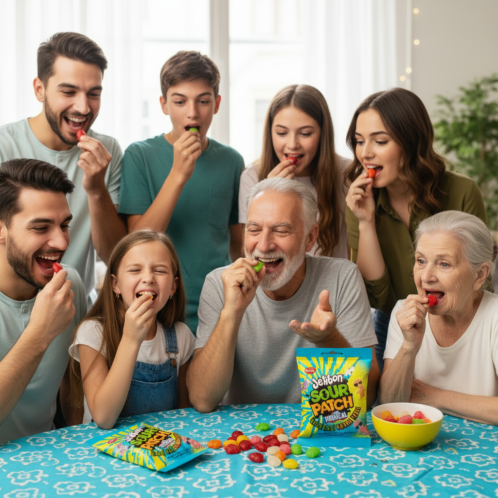 Persone sorridenti che reagiscono mordendo Kent Jelibon Sour Patch Tropical, mostrando sorpresa e divertimento