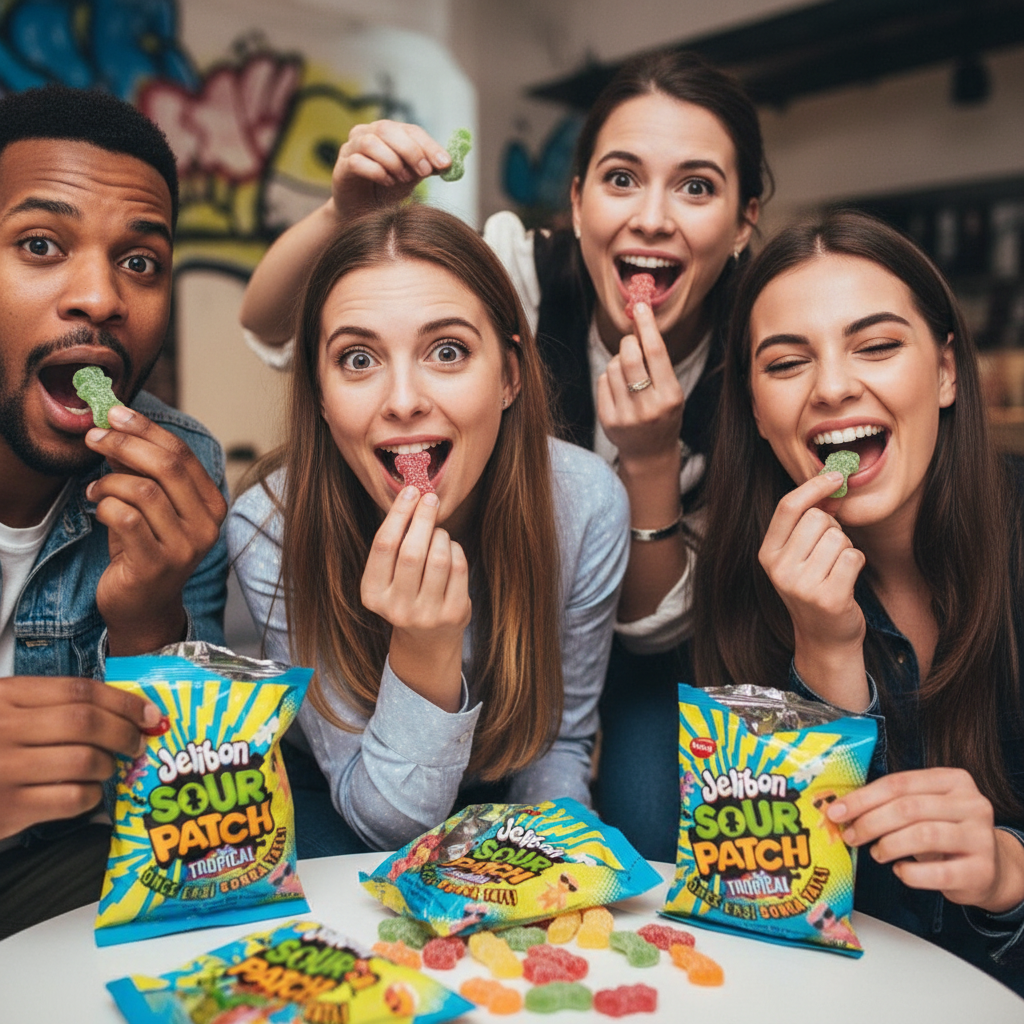 Persone sorridenti che reagiscono mordendo Kent Jelibon Sour Patch Tropical, mostrando sorpresa e divertimento