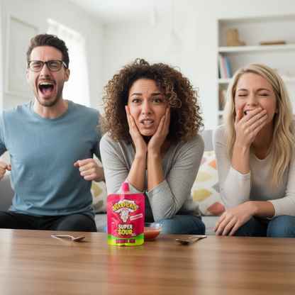 Gruppo di amici che assaggiano Warheads Super Sour Gel Fragola, mostrando reazioni estreme e divertimento