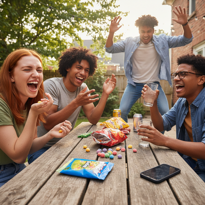 Gruppo di amici che condividono Bazooka Rattlerz Sour durante una sour challenge informale
