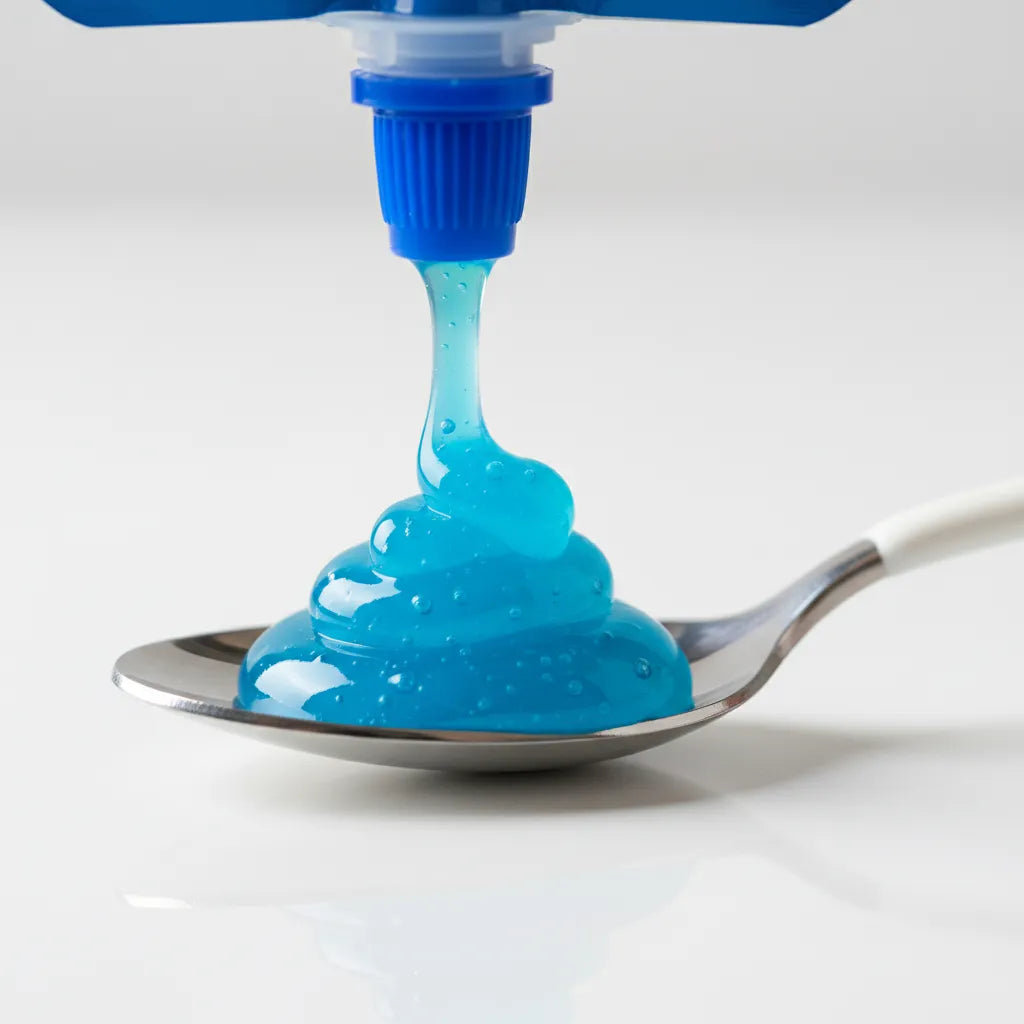 Primo piano del Warheads Super Sour Gel Lampone Blu spremuto sulla lingua, mostrando la consistenza gelatinosa e l’intensità dell’acidità fruttata