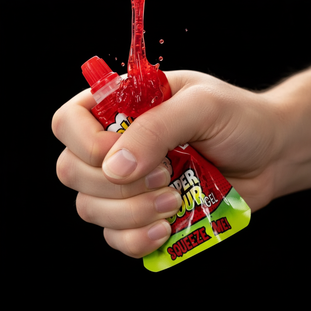 Mani che spremono il Warheads Super Sour Gel, gel rosso ciliegia fuoriuscente, pronta per la sfida, esperienza sensoriale intensa.