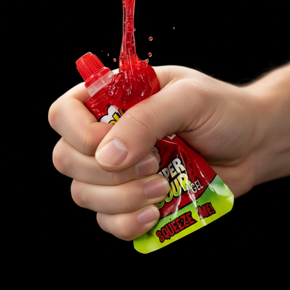 Mani che spremono il Warheads Super Sour Gel, gel rosso ciliegia fuoriuscente, pronta per la sfida, esperienza sensoriale intensa.