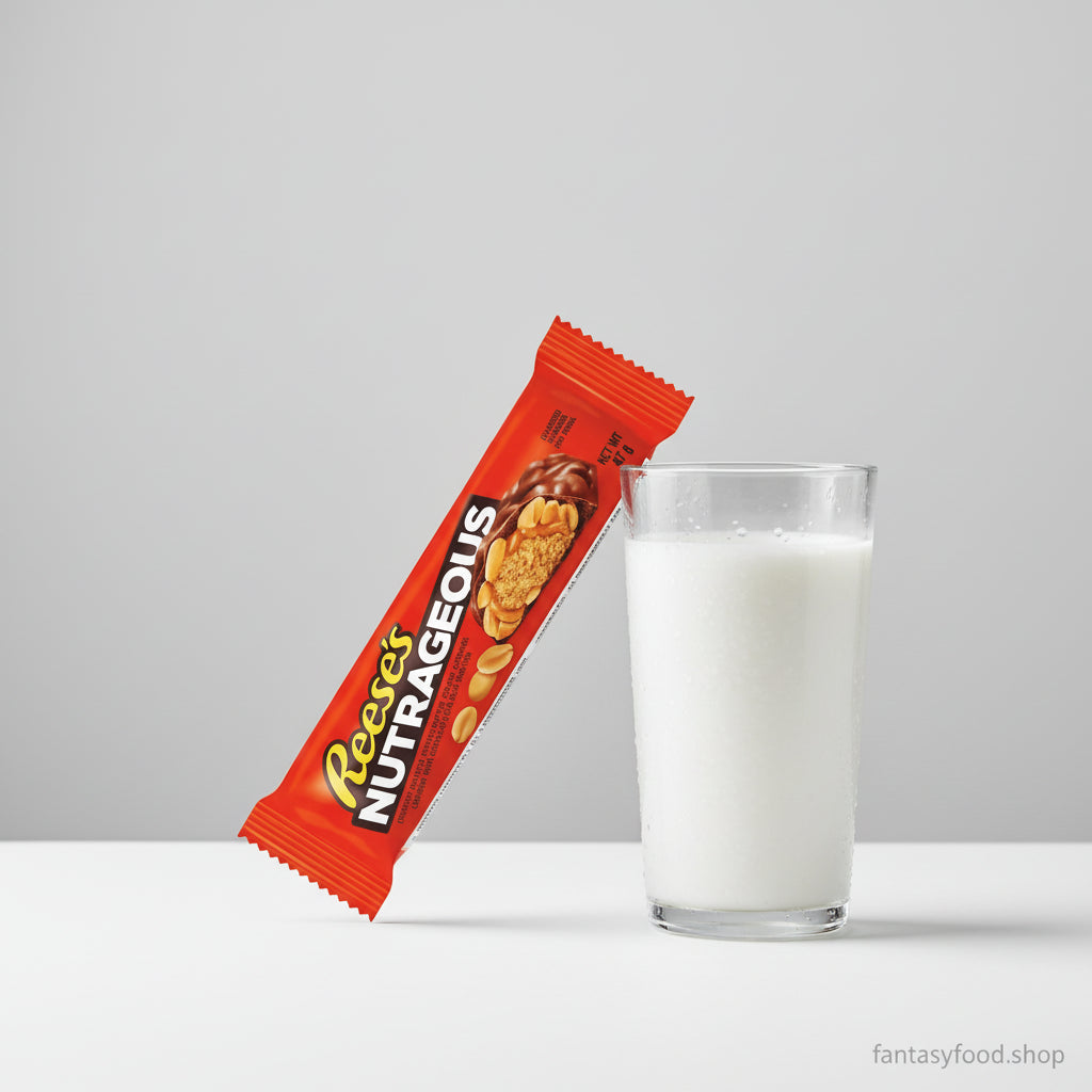 Barretta energetica Reese's Nutrageous accanto a un bicchiere di latte, richiamando l'autentico snack pomeridiano americano.