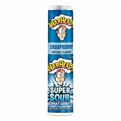 Flacone o dispenser di WARHEADS Super Sour Spray al gusto Lampone Blu (Blue Raspberry). Il liquido aspro viene spruzzato direttamente in bocca. La confezione è a forma di bottiglietta, con colori blu e giallo che richiamano il gusto e l'estrema acidità. Caramella liquida super acida, popolare e importata dagli Stati Uniti (USA).