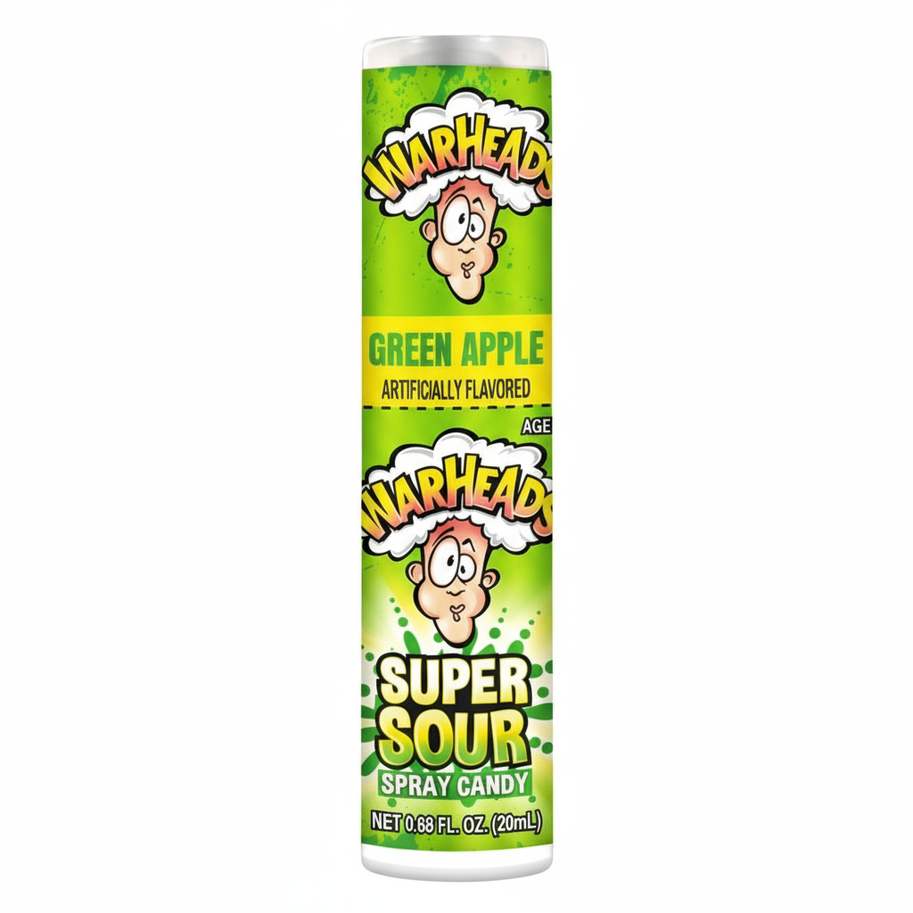 Flacone o dispenser di WARHEADS Super Sour Spray al gusto Mela Verde (Green Apple). Il liquido aspro viene spruzzato direttamente in bocca. La confezione è a forma di bottiglietta, con colori verdi e gialli che richiamano l'estrema acidità. Caramella liquida super acida, popolare e importata dagli Stati Uniti (USA).