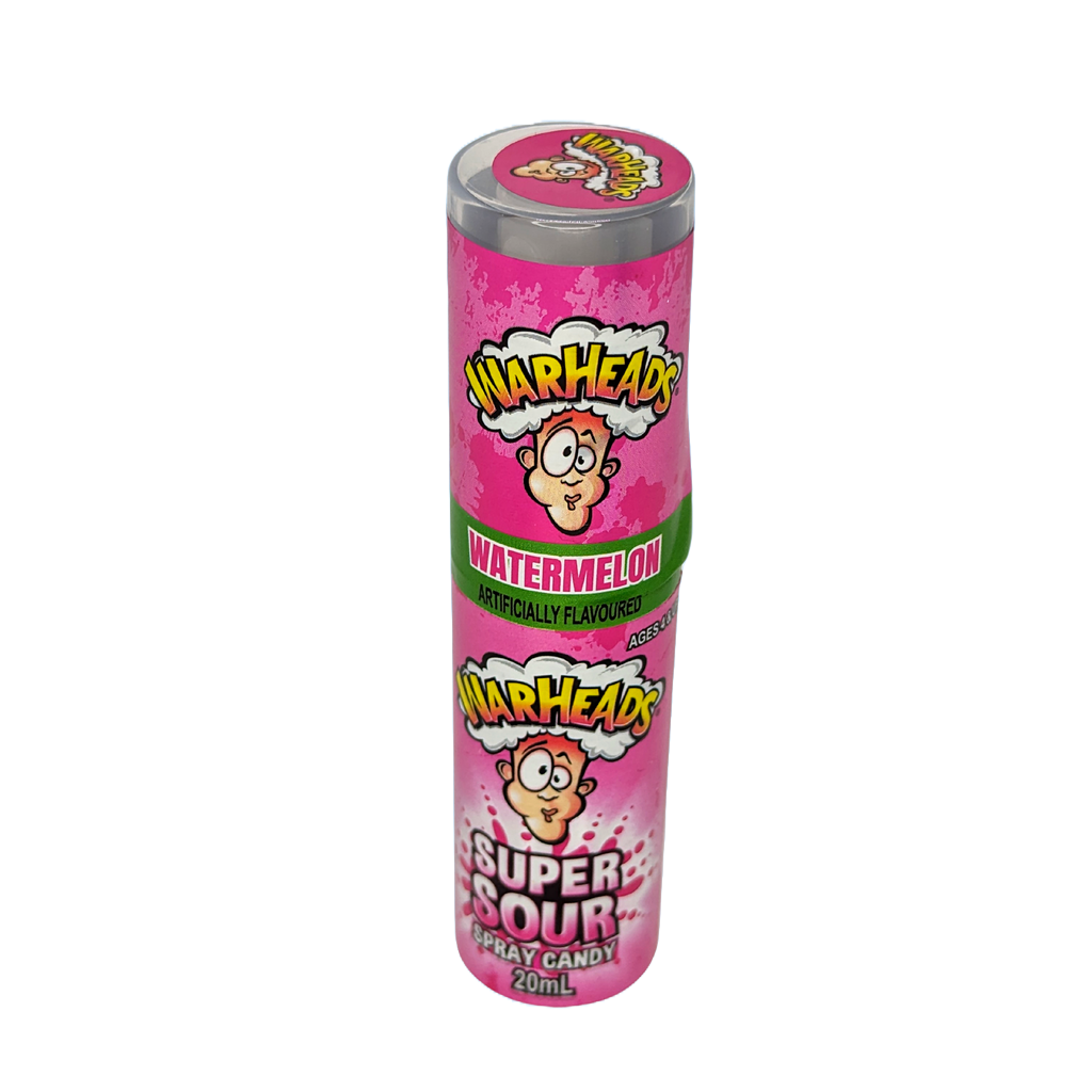 Flacone spray di caramella liquida WARHEADS Super Sour Spray. Il packaging mostra i colori vivaci e il logo 'Warheads'. Caramella liquida estremamente acida e concentrata, disponibile in diversi gusti fruttati, usata per sfidare i sensi.