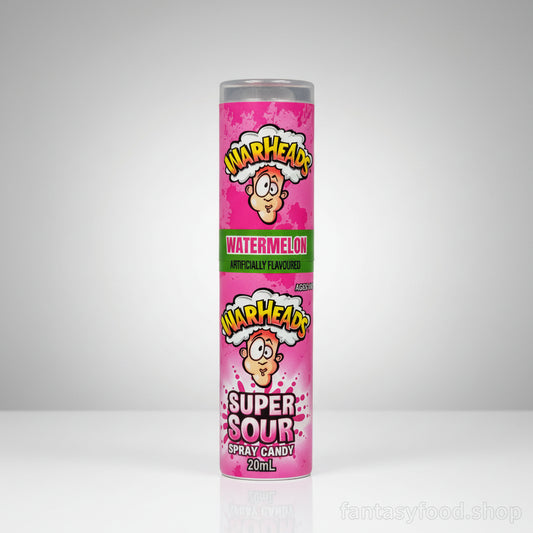 Flacone spray di caramella liquida WARHEADS Super Sour Spray. Il packaging mostra i colori vivaci e il logo 'Warheads'. Caramella liquida estremamente acida e concentrata, disponibile in diversi gusti fruttati, usata per sfidare i sensi.
