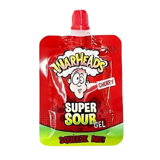 Tubetto di Warheads Super Sour Gel al gusto ciliegia, gel spremibile dagli USA, primo piano su fondo neutro, acidità estrema visibile nel packaging.
