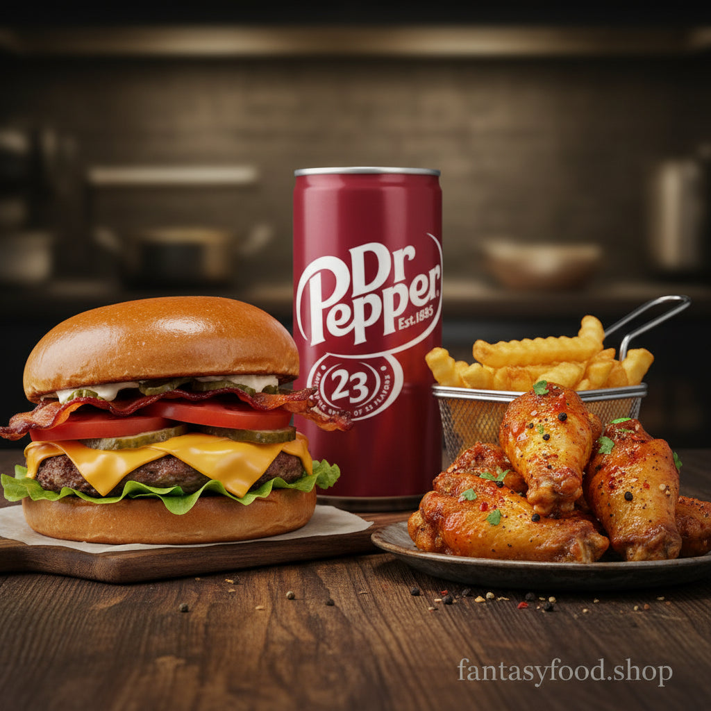 Dr Pepper Classica abbinata a un hamburger americano e patatine fritte.