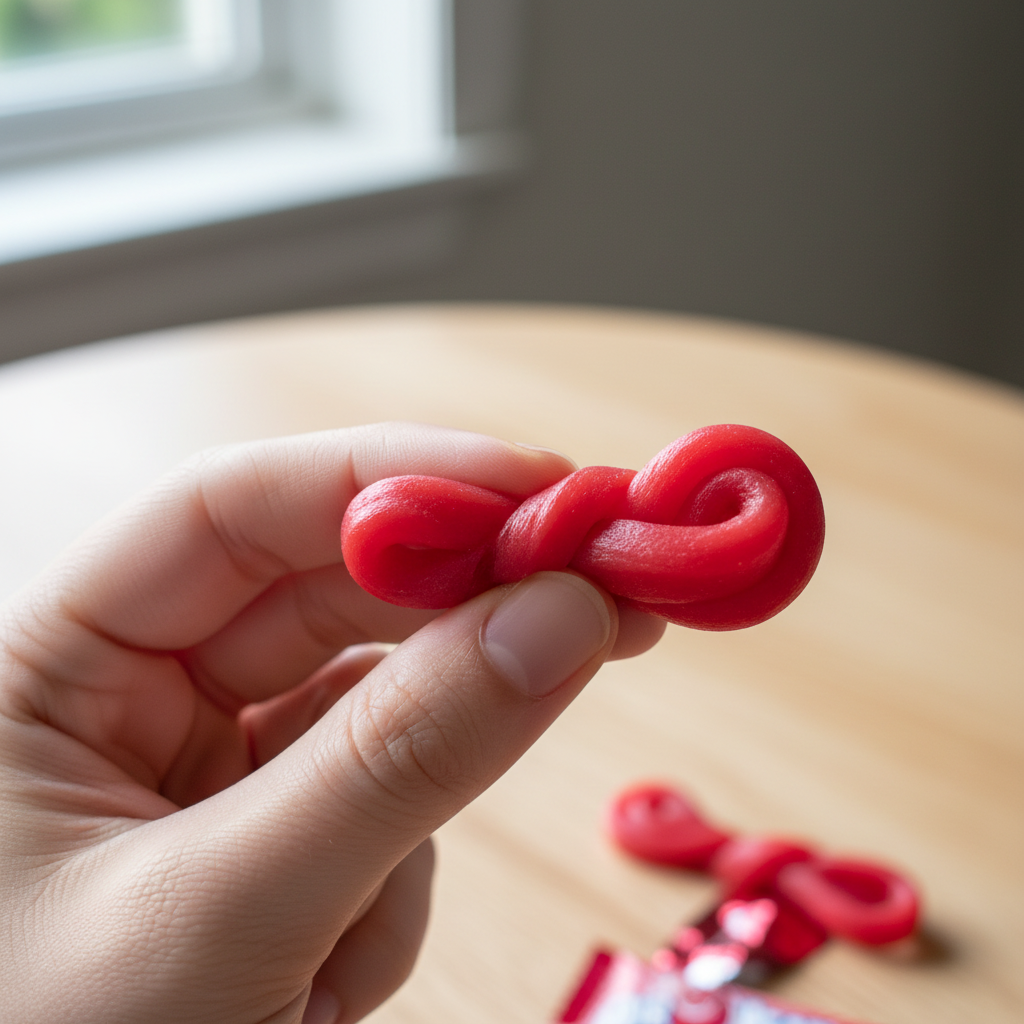 Caramella Airheads red piegata e arrotolata in mano, mostrando la flessibilità e la possibilità di creare contenuti social