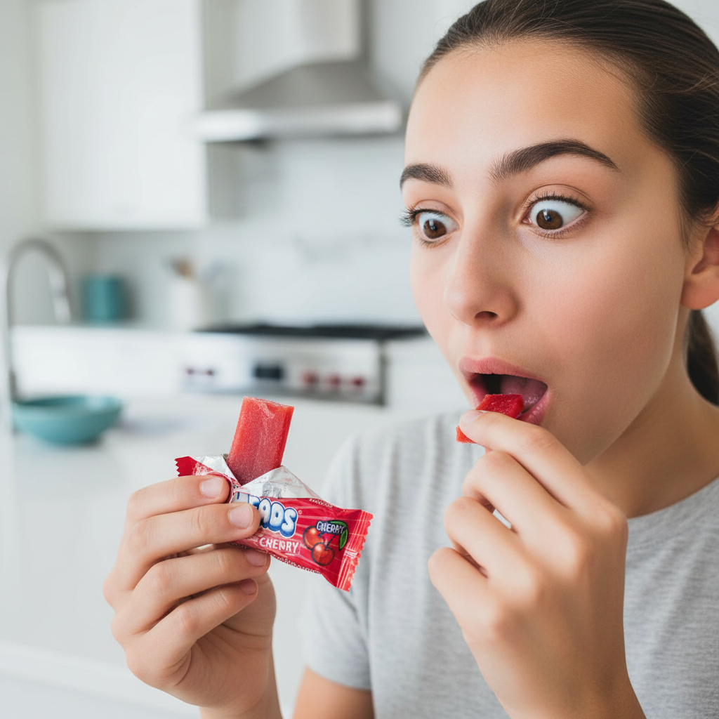 Giovane che assaggia Airheads red cherry, mostrando l’espressione sorpresa per l’esplosione fruttata tra acidità e dolcezza.
