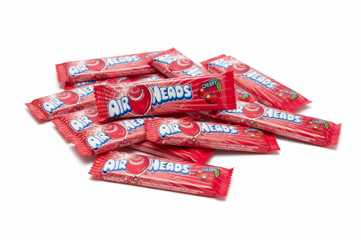 Diverse confezioni di Airheads red cherry in primo piano, ideale per collezionare, condividere o creare mini pack per contenuti social.