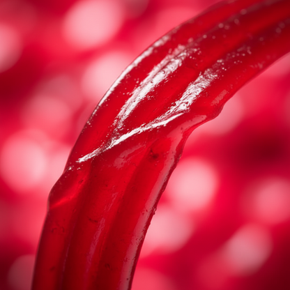 Dettaglio della caramella Airheads red, mostrando la texture elastica, pieghevole e il colore blu acceso del lampone.