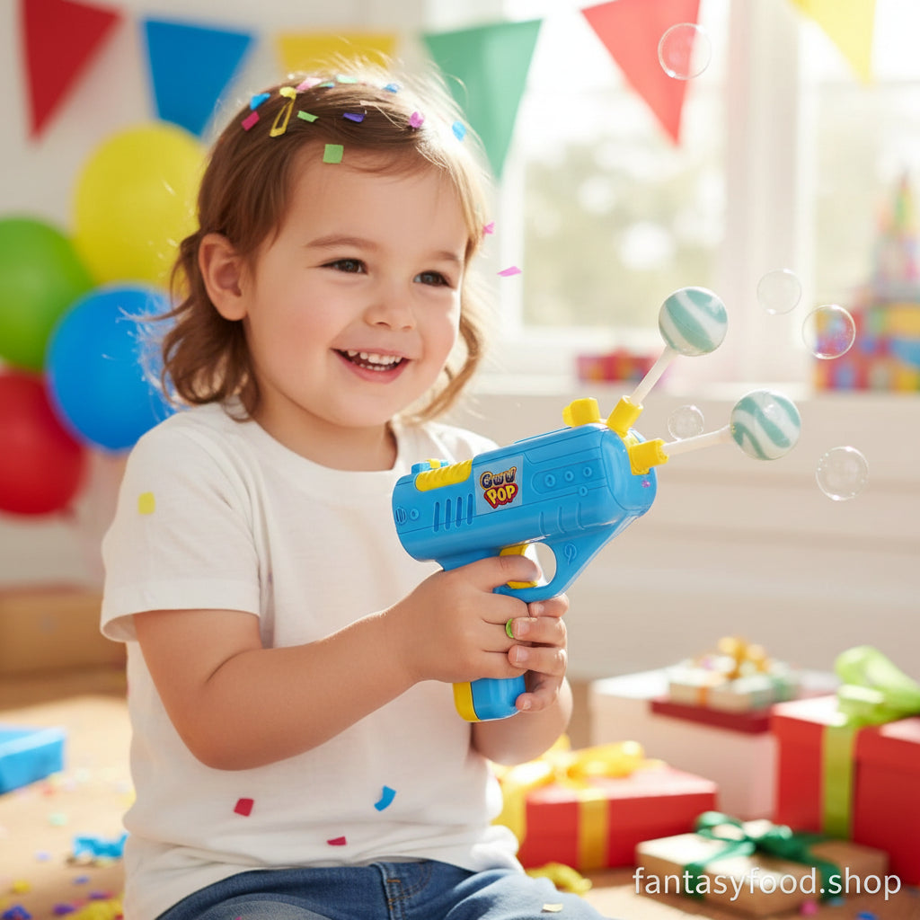 Bambino che si diverte con la pistola lecca-lecca Johny Bee Gun Pop durante un party di compleanno.
