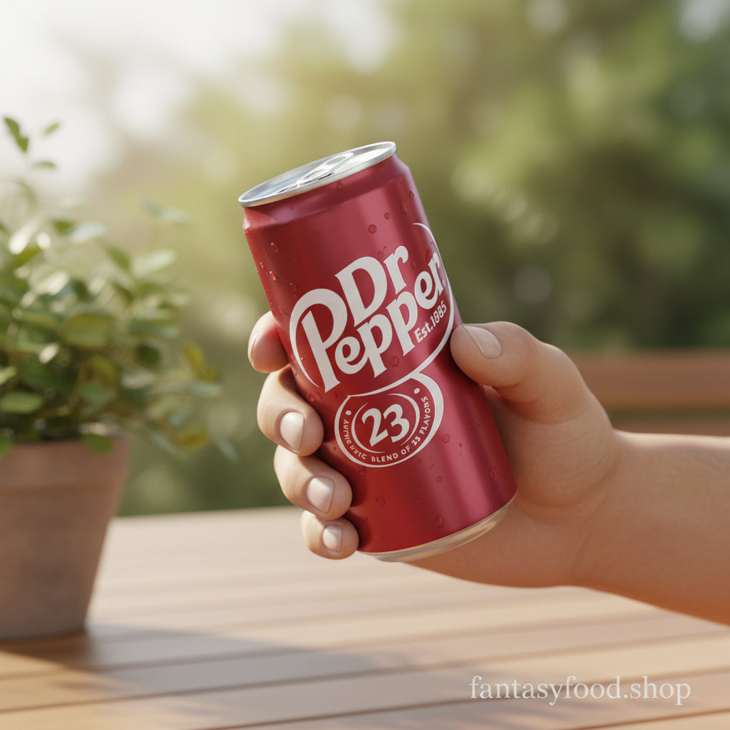 Persona che tiene in mano una lattina di Dr Pepper pronta da bere.