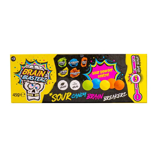 Pacchetto di caramelle dure BRAIN BLASTERZ Brain Breakerz, note per la loro estrema acidità e il doppio strato: guscio aspro e ripieno di polvere acida. Le caramelle hanno gusti assortiti (Mela, Limone, Lampone, Fragola, Cola). Caramelle aspre virali importate dal Regno Unito (UK).