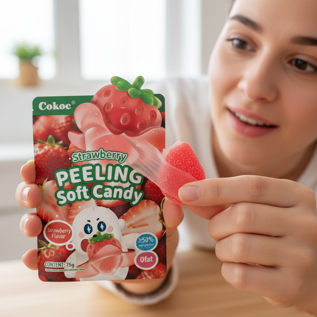 Caramella morbida gommosa (Soft Candy) Cocok al gusto fragola in formato 'peeling' o 'sbucciabile'. La confezione mostra caramelle rosse e bianche ideali per una merenda divertente. Snack dolci asiatici e novità gommose. esperienza in azioen