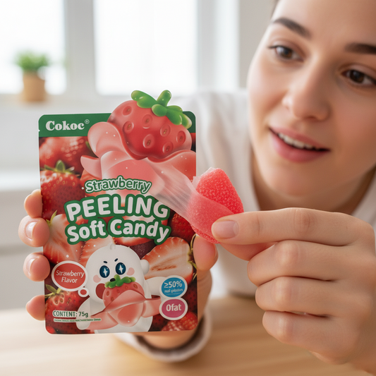 Caramella morbida gommosa (Soft Candy) Cocok al gusto fragola in formato 'peeling' o 'sbucciabile'. La confezione mostra caramelle rosse e bianche ideali per una merenda divertente. Snack dolci asiatici e novità gommose. esperienza in azioen