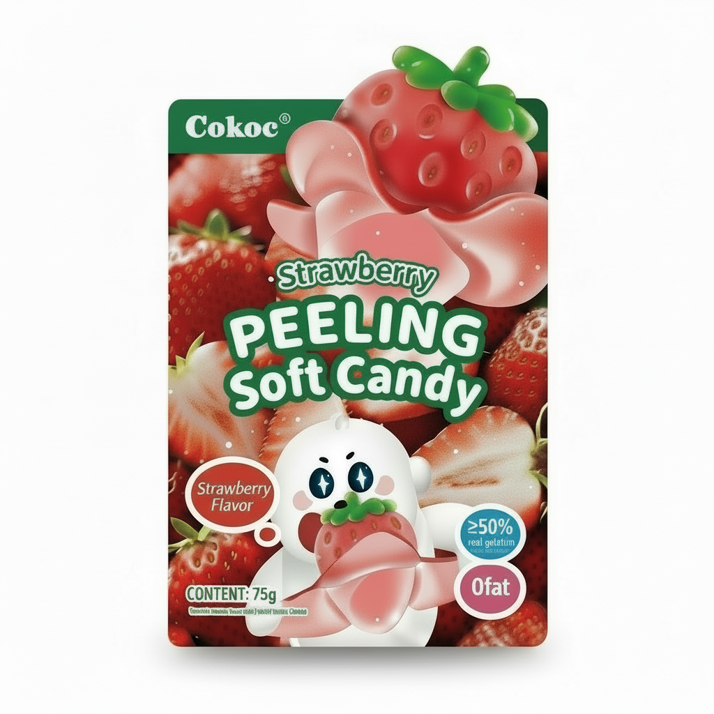 Caramella morbida gommosa (Soft Candy) Cocok al gusto fragola in formato 'peeling' o 'sbucciabile'. La confezione mostra caramelle rosse e bianche ideali per una merenda divertente. Snack dolci asiatici e novità gommose.