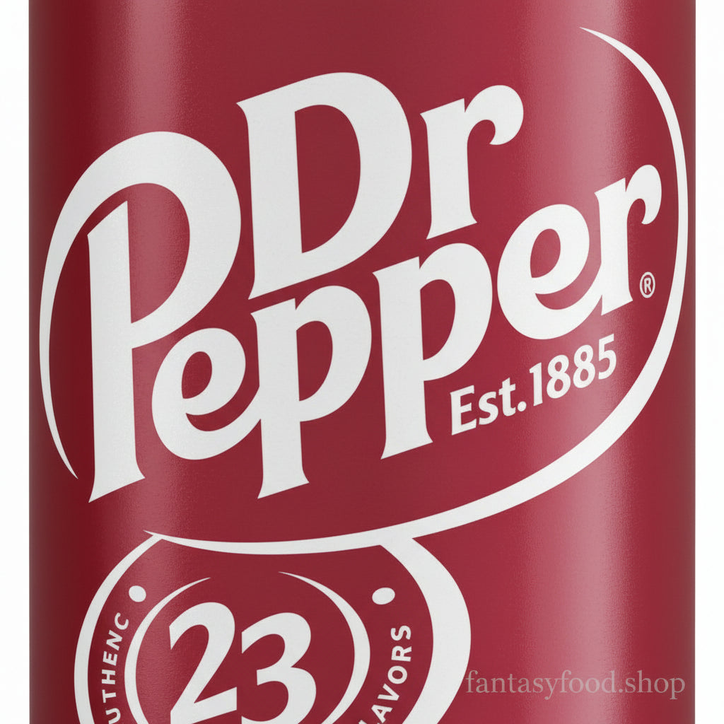 Dettaglio ravvicinato del logo originale Dr Pepper su lattina in alluminio.