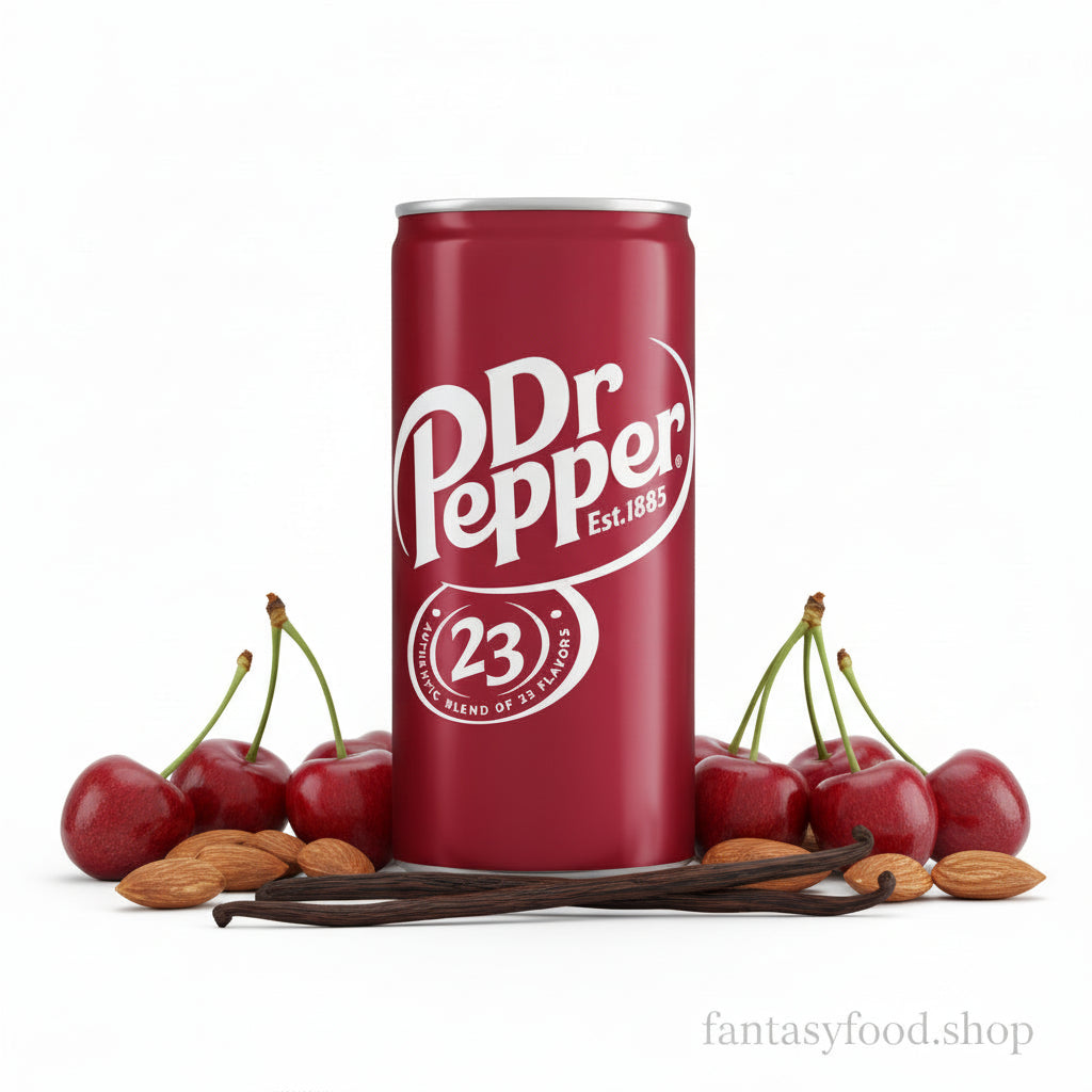Lattina Dr Pepper circondata da ciliegie e vaniglia che richiamano i 23 gusti.