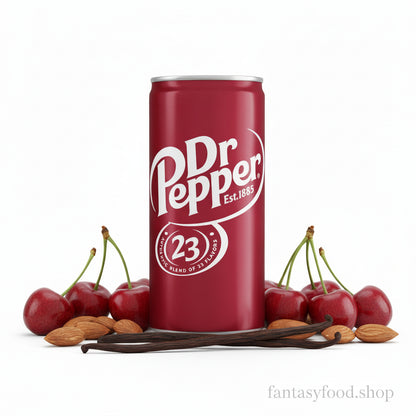 Lattina Dr Pepper circondata da ciliegie e vaniglia che richiamano i 23 gusti.