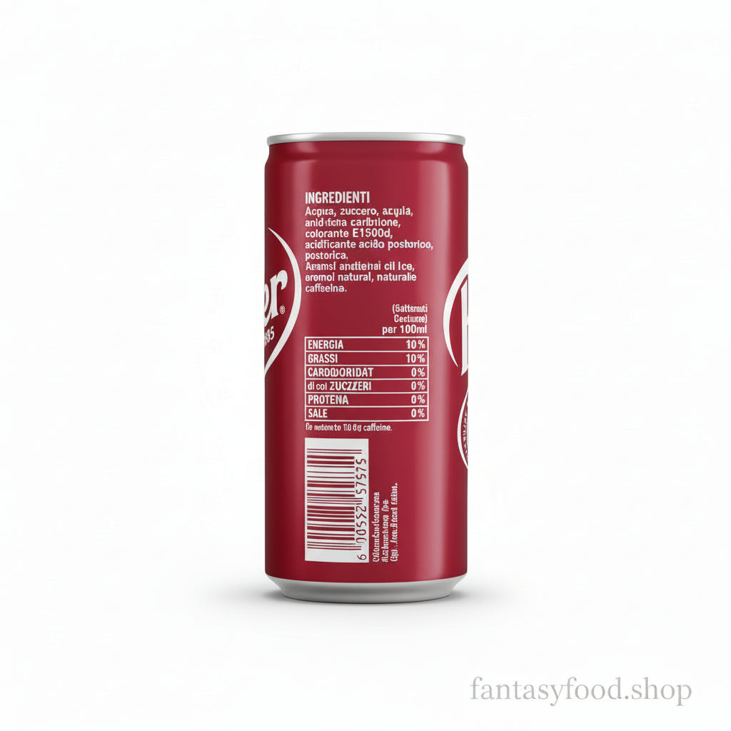 Retro della lattina Dr Pepper con ingredienti, valori nutrizionali e caffeina.