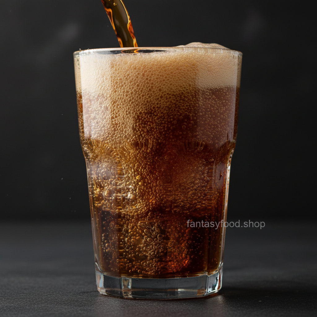 Dr Pepper versata in un bicchiere con ghiaccio che mostra l'effervescenza, stile U.S.A