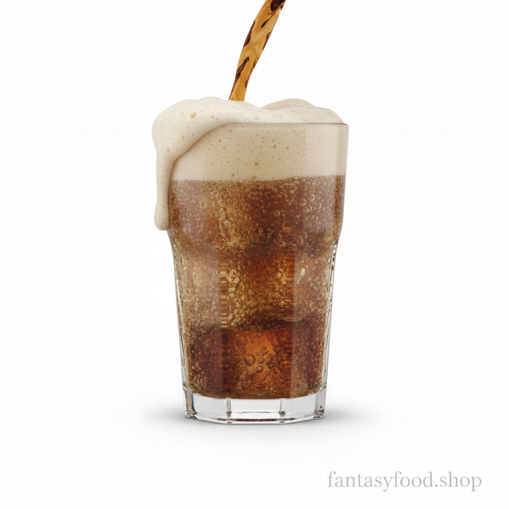 Dr Pepper versata in un bicchiere con ghiaccio che mostra l'effervescenza.