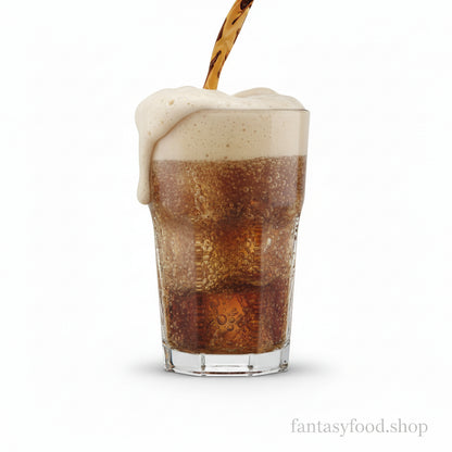 Dr Pepper versata in un bicchiere con ghiaccio che mostra l'effervescenza.