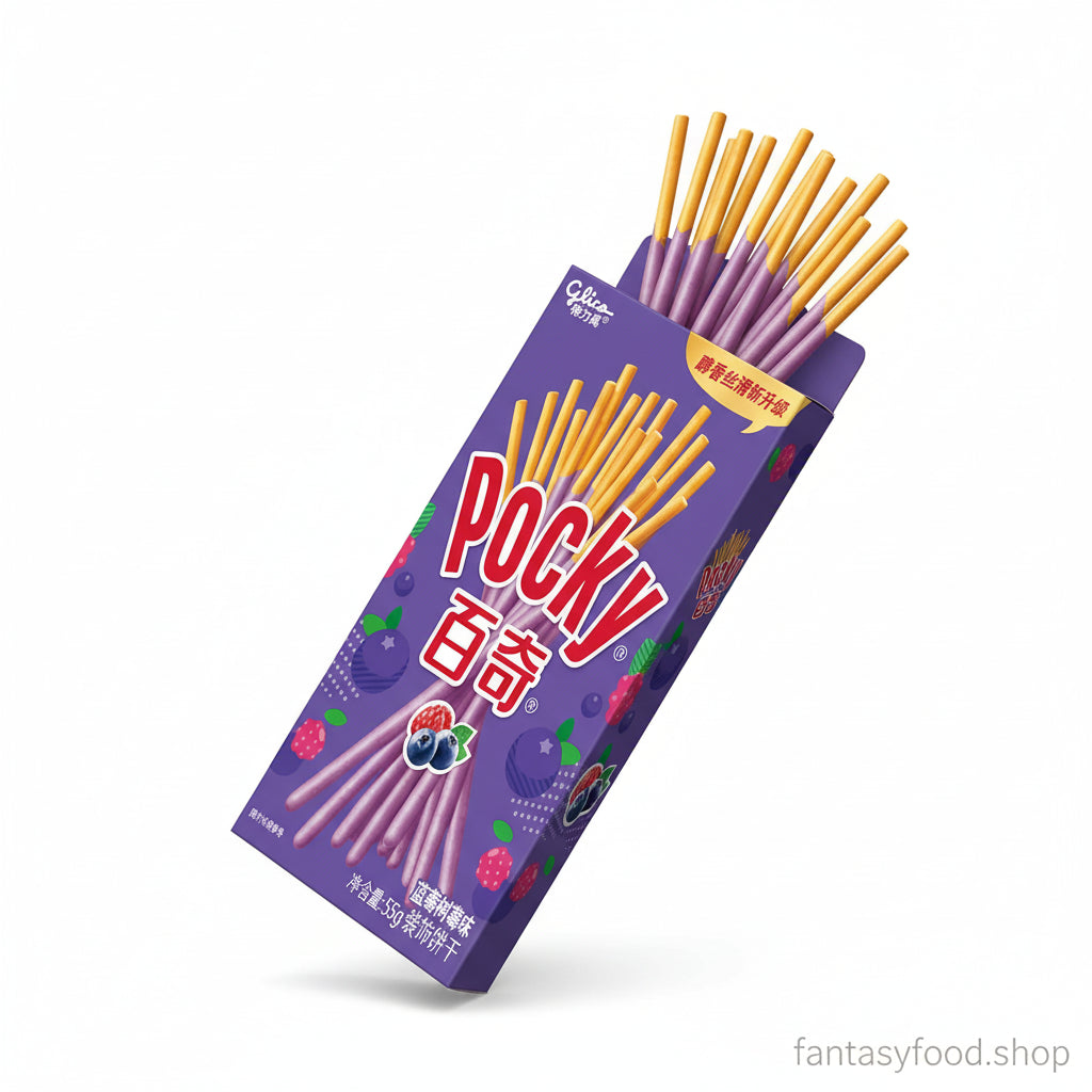 Inquadratura angolata della scatola di Pocky mirtillo e lampone per evidenziare il design del packaging import.