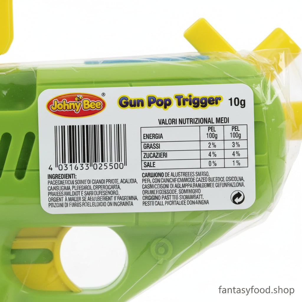 Valori nutrizionali e ingredienti certificati della caramella giocattolo Johny Bee Gun Pop Trigger 10g.
