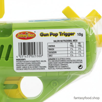 Valori nutrizionali e ingredienti certificati della caramella giocattolo Johny Bee Gun Pop Trigger 10g.