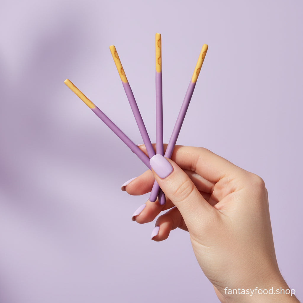 Bastoncini Pocky viola tenuti in mano, ideale per estetica social e amanti dei colori vivaci.