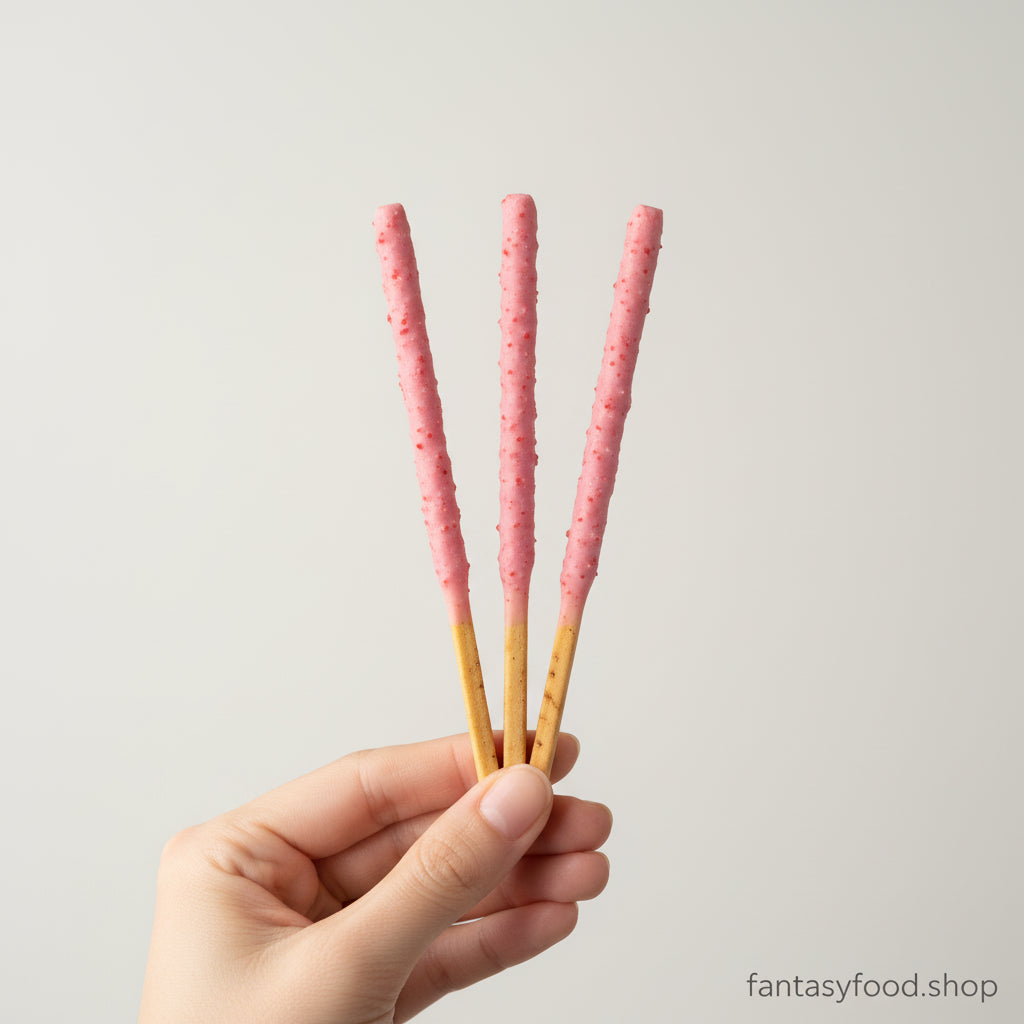Bastoncini Pocky alla fragola tenuti in mano, evidenziando il pratico manico di biscotto non ricoperto.