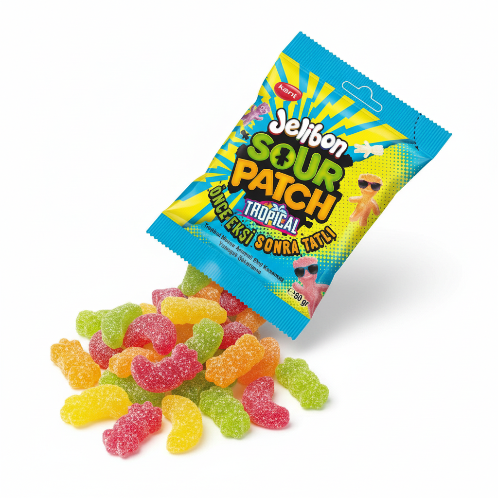 Confezione da 80g di Kent Jelibon Sour Patch Tropical con caramelle gommose esotiche e acidule visibili