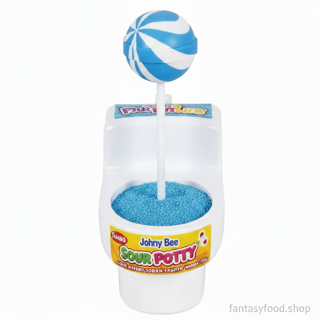 Caramella a forma di water azzurro Johny Bee gusto lampone blu.