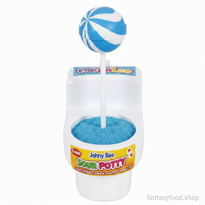 Caramella a forma di water azzurro Johny Bee gusto lampone blu.