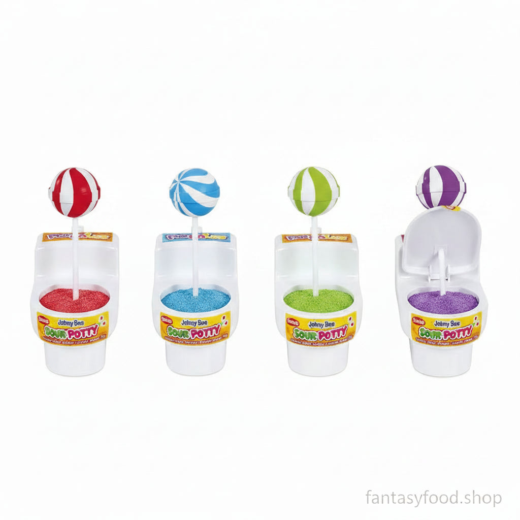 Quattro confezioni assortite di caramelle Johny Bee Sour Potty Candy Powder da 19g.