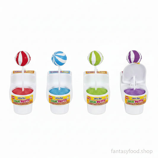 Quattro confezioni assortite di caramelle Johny Bee Sour Potty Candy Powder da 19g.