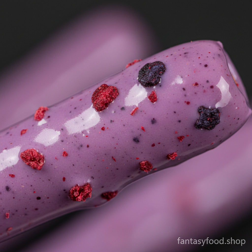 Dettaglio macro della copertura viola dei Pocky Glico con frammenti visibili di mirtillo e lampone disidratati.