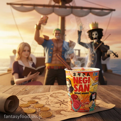 Preparazione del Negisan Cup Noodle One Piece al manzo con versamento di acqua calda,ambientato sulla nave Thousand Sunny. ciurma in festa 