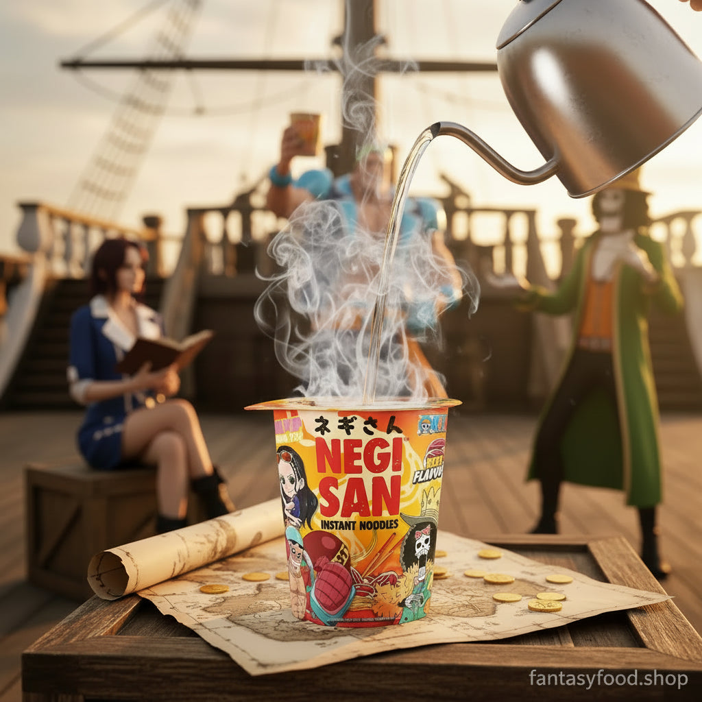 Preparazione del Negisan Cup Noodle One Piece al manzo con versamento di acqua calda,ambientato sulla nave Thousand Sunny.